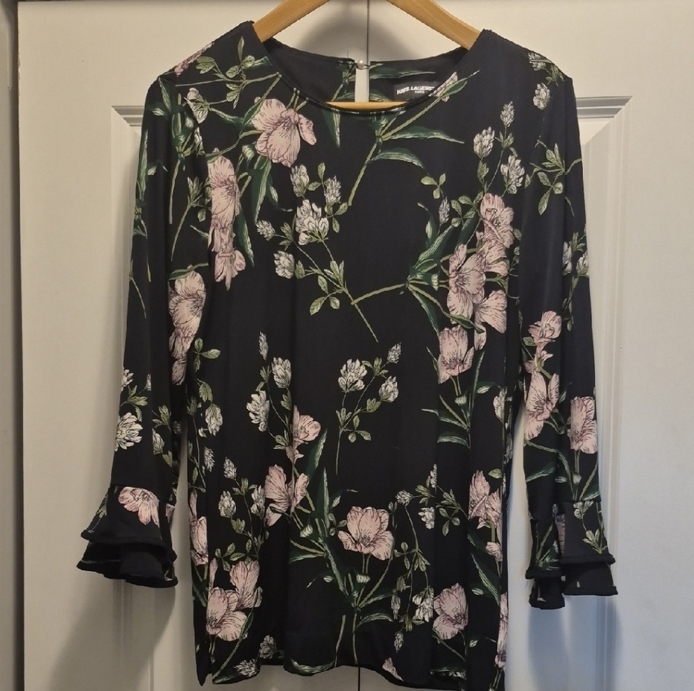 Karl Lagerfeld Black Floral Blouse with Pink and Green